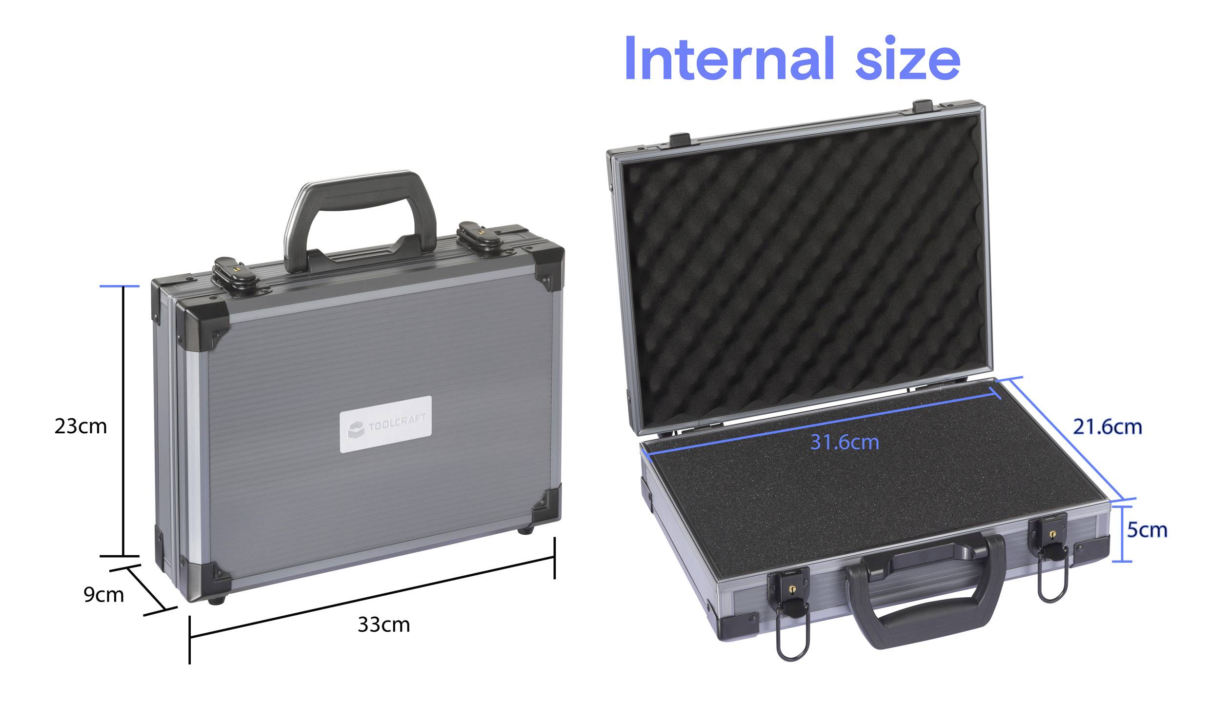 A gray carrying case with a handle, shown closed and open. It measures 33cm x 23cm x 9cm externally and 31.6cm x 21.6cm x 5cm internally.