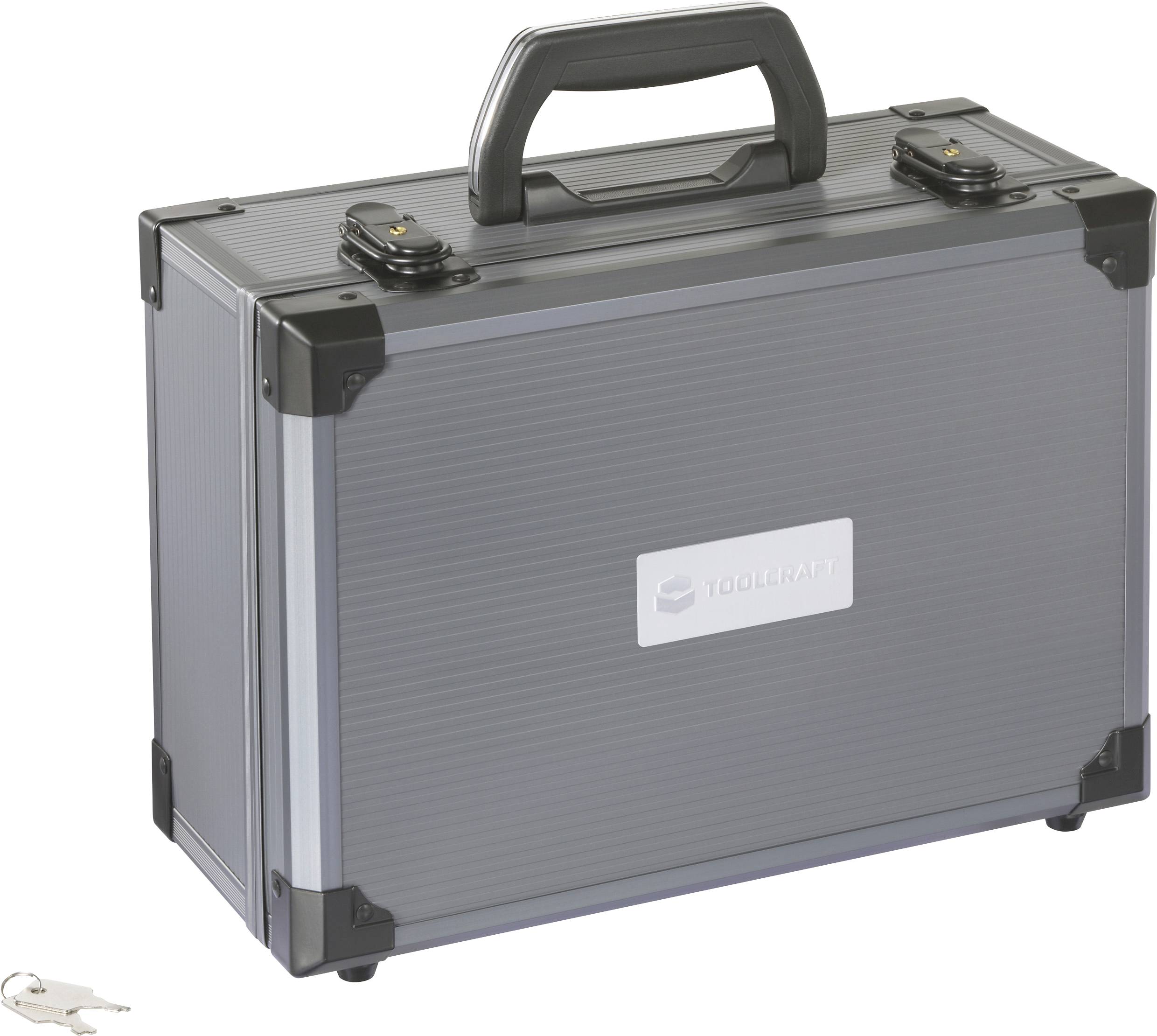 A closed, metallic case with a handle and two locks, labeled 'Toolcraft,' sitting on a surface, next to a single key.