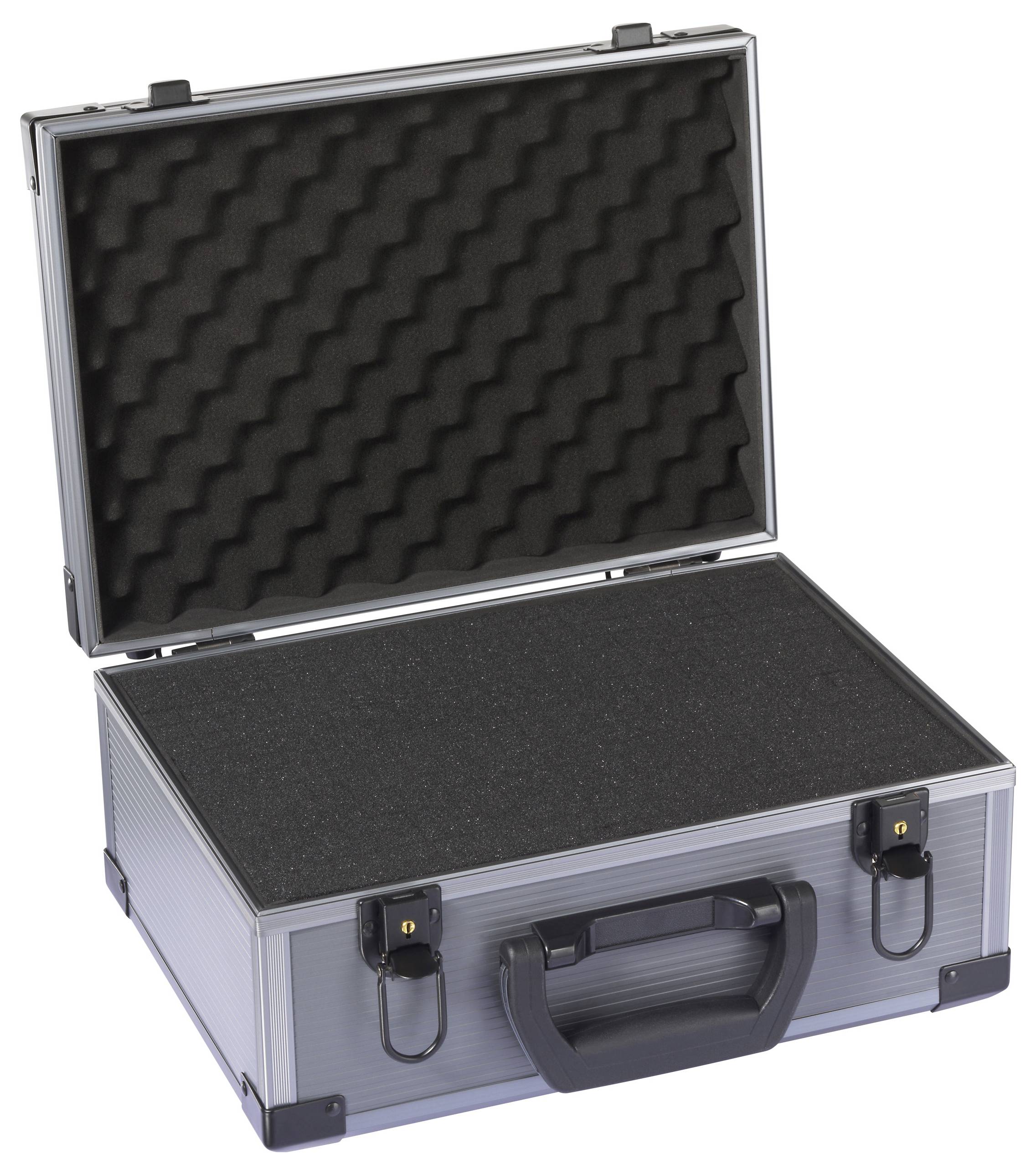 Open silver briefcase with black foam padding inside, designed for protecting fragile items during transportation.