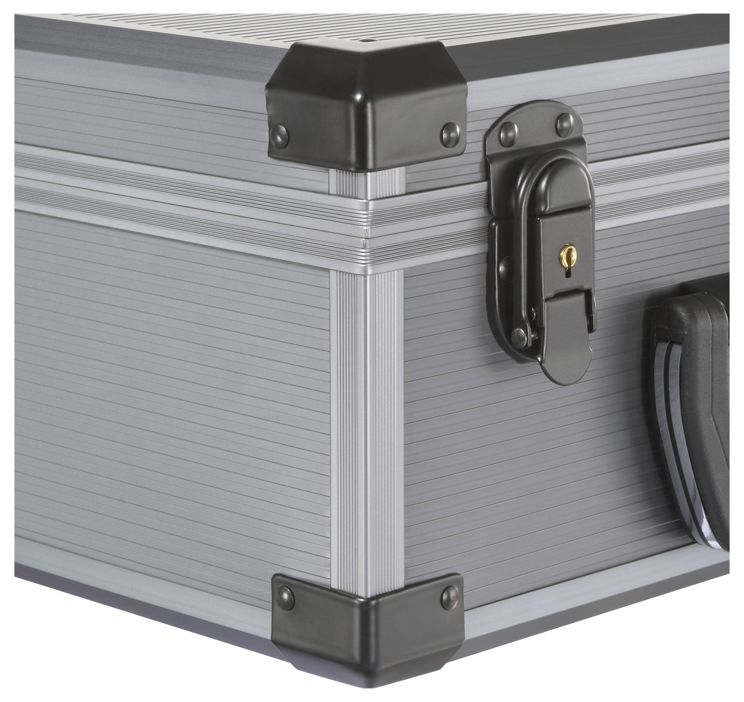 A corner of a gray protective case with metal reinforcements, lock mechanism, and a carrying handle.
