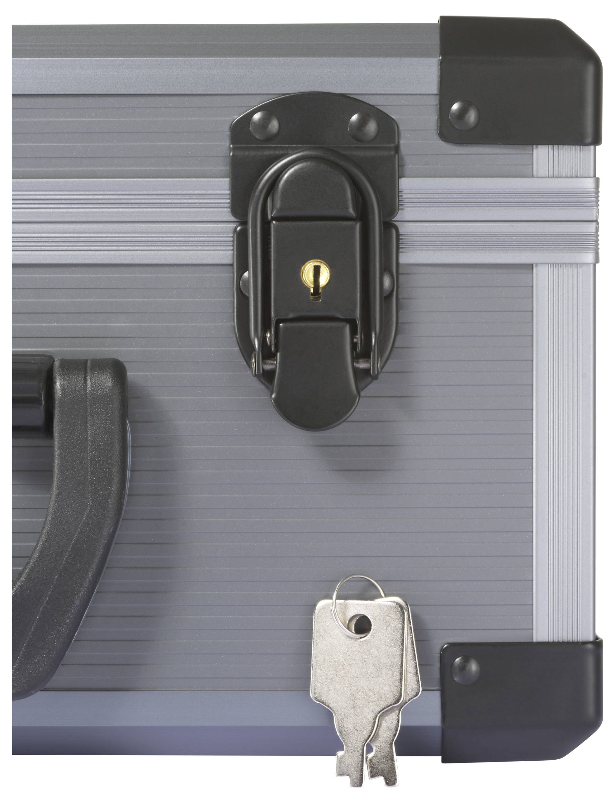 A gray metal case with a black handle is closed with a metal latch. A set of two keys is attached to the latch.