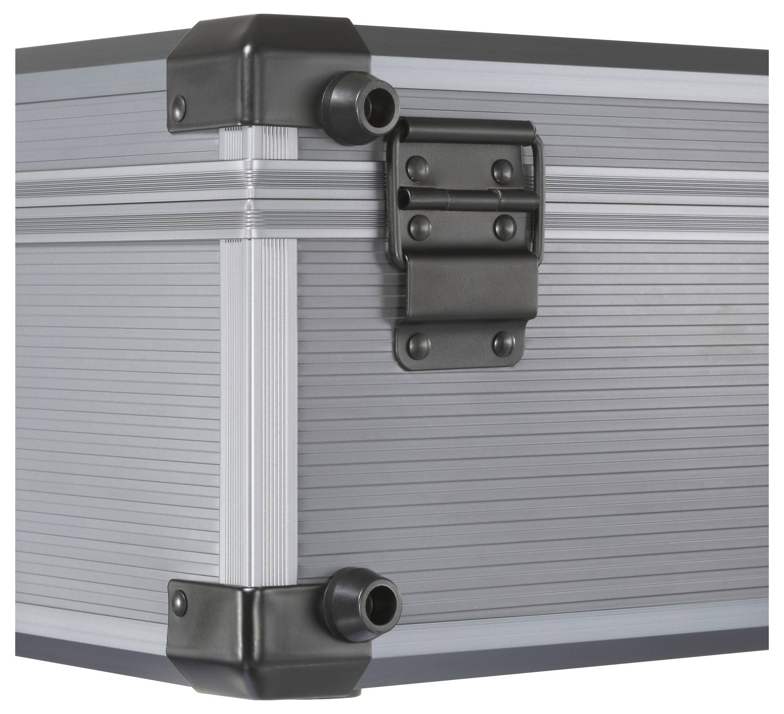 A silver and black metal box corner with ribbed texture and a black hinge, designed for protective storage or transport.