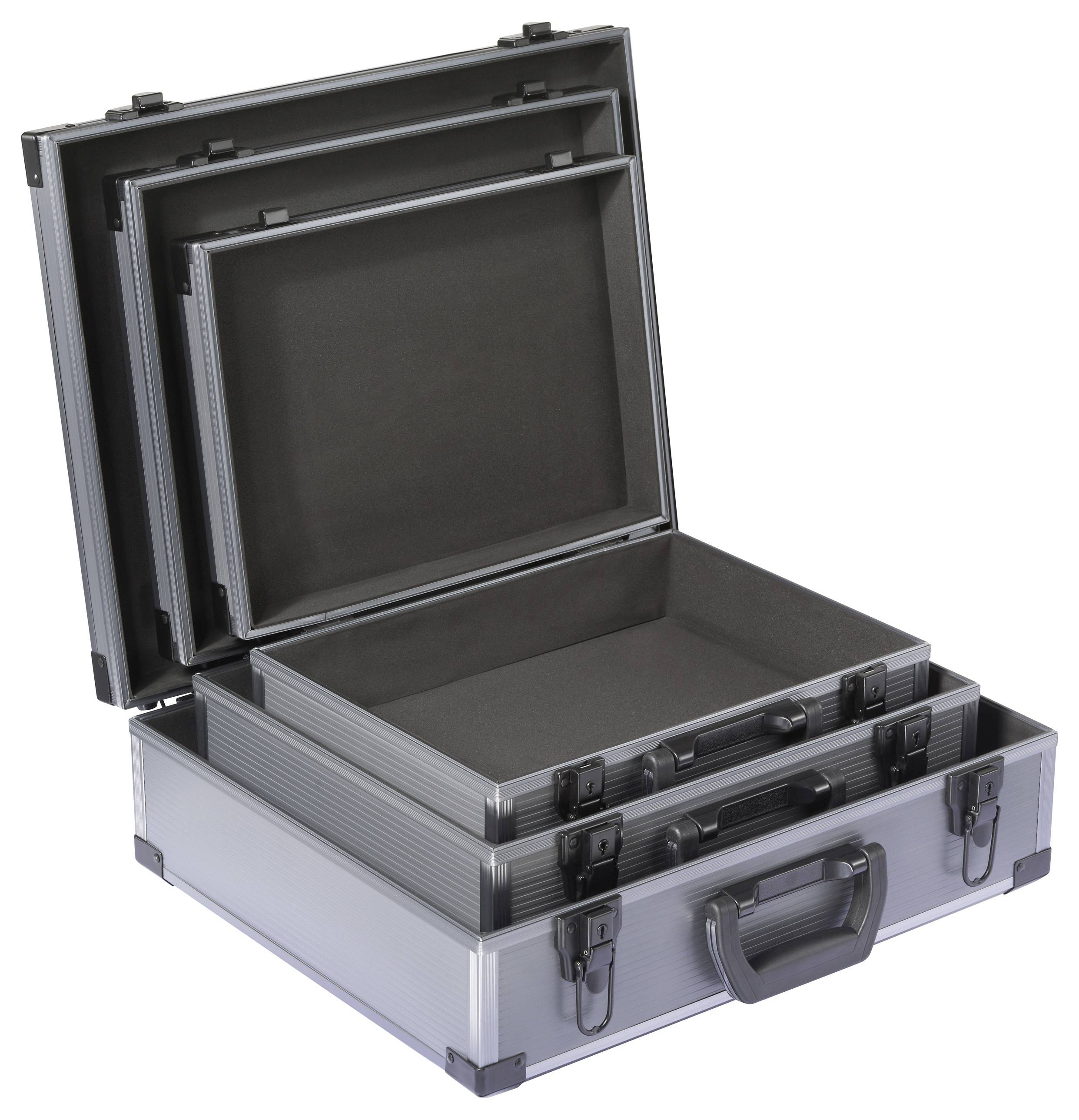 A set of three nested silver cases with black interiors, each progressively smaller, open on top of one another, used for organization or storage.