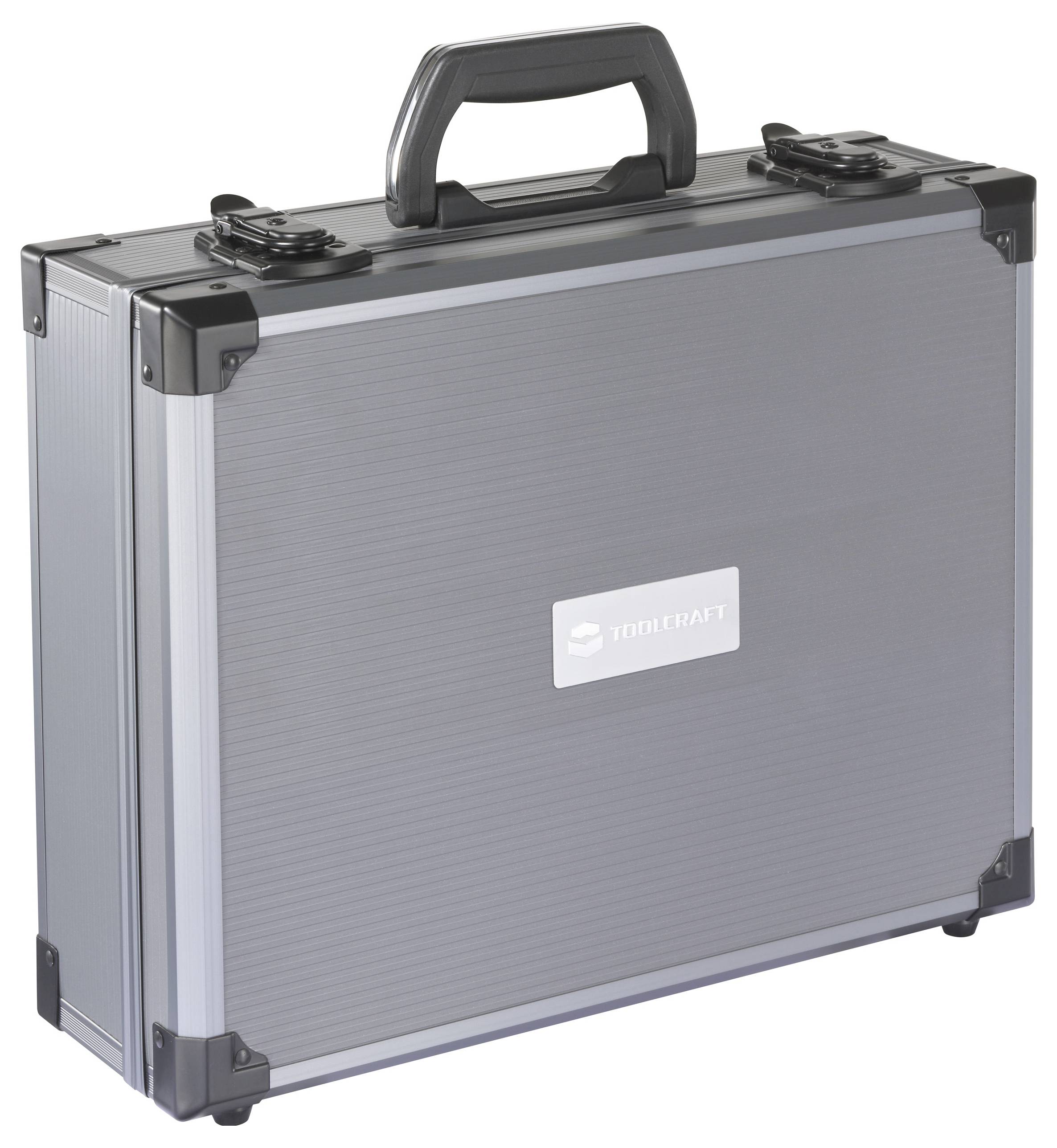 A closed gray briefcase with a handle, featuring metal reinforcements at the corners and a central logo plaque.