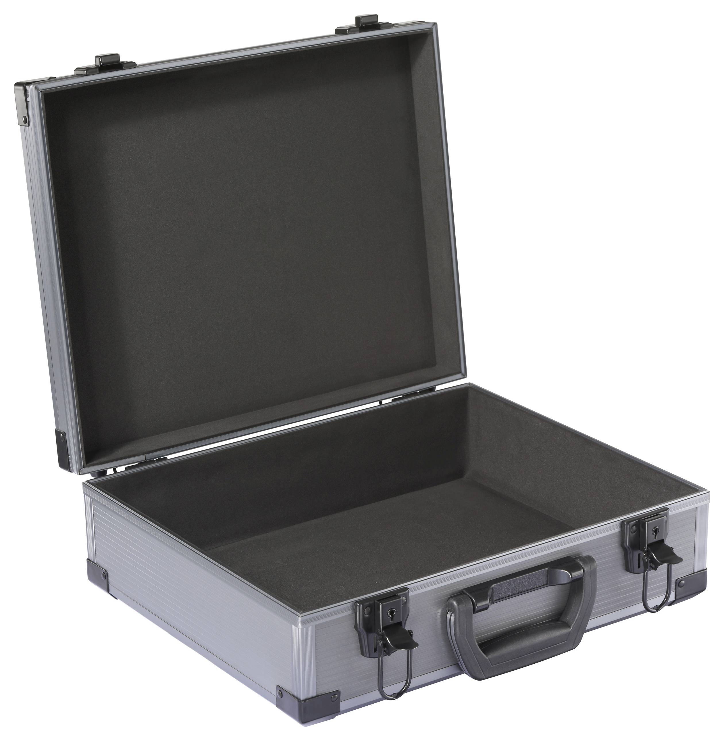 An open hard-shell metal briefcase, lined with black foam, showing a simple, secure storage space, against a plain background.