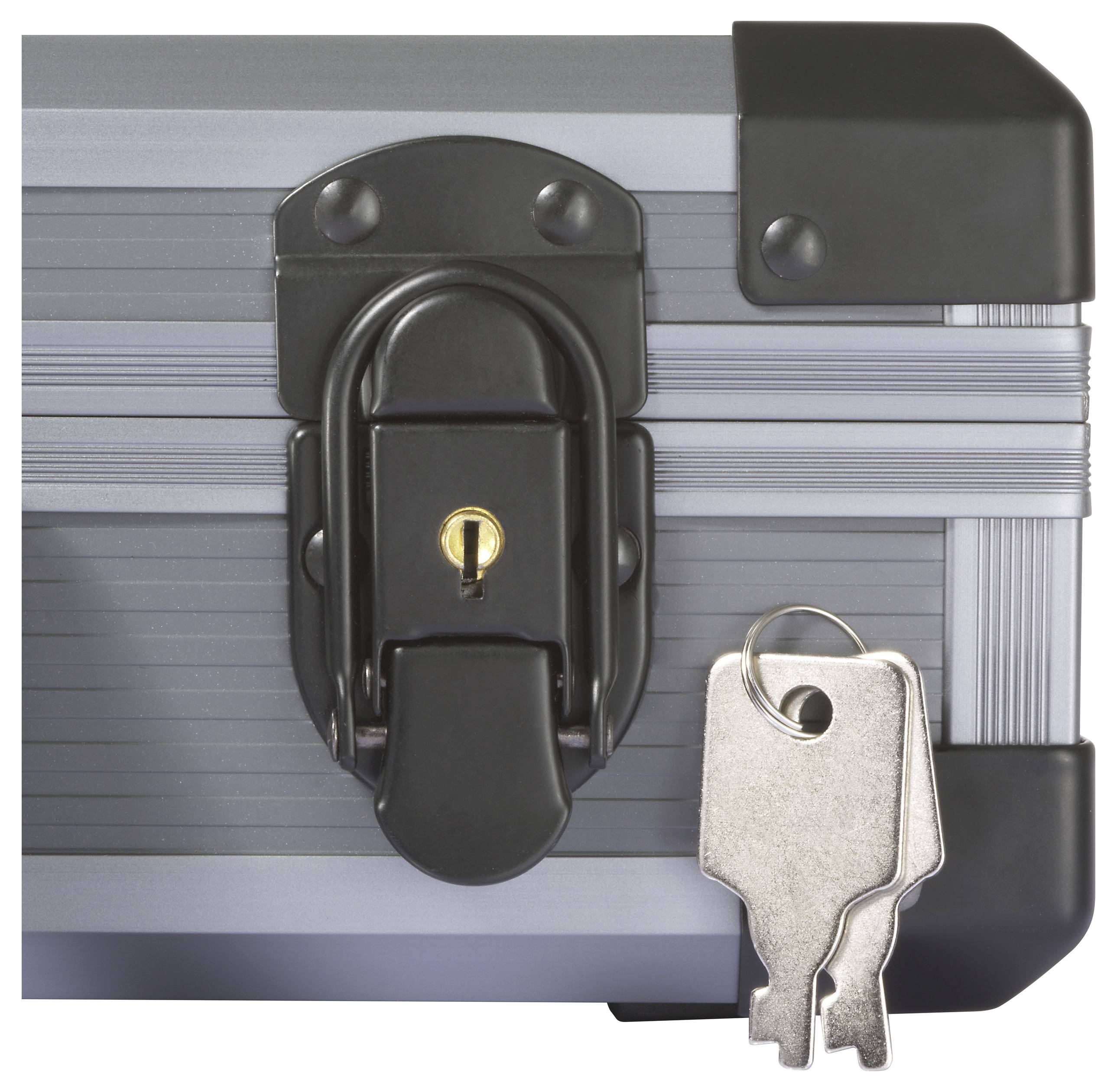 A secure silver case with a black latch and two metal keys attached, indicating protection and access control.