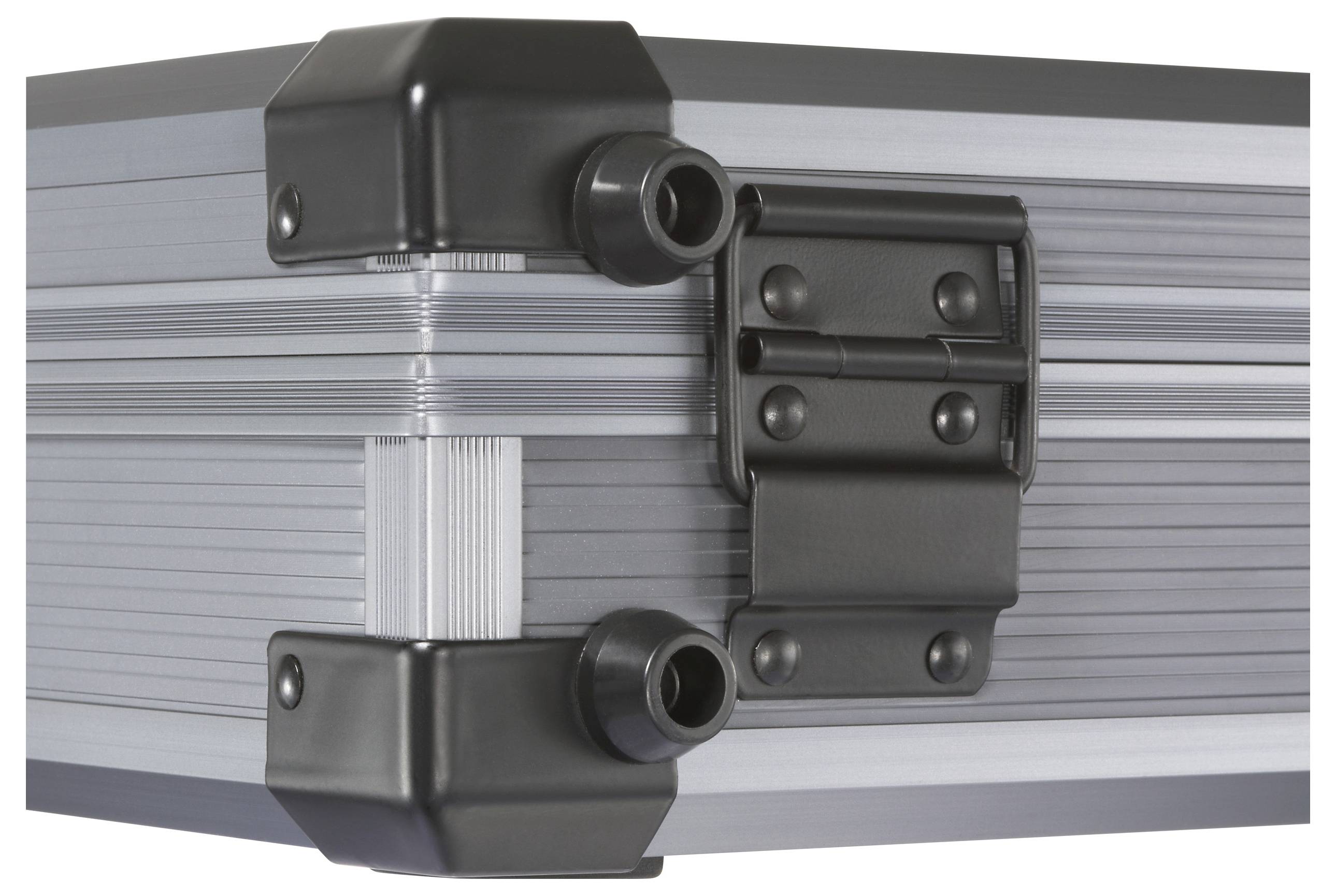 A close-up of a metal case corner showing black protective corners and a hinge, emphasizing durability and design features.