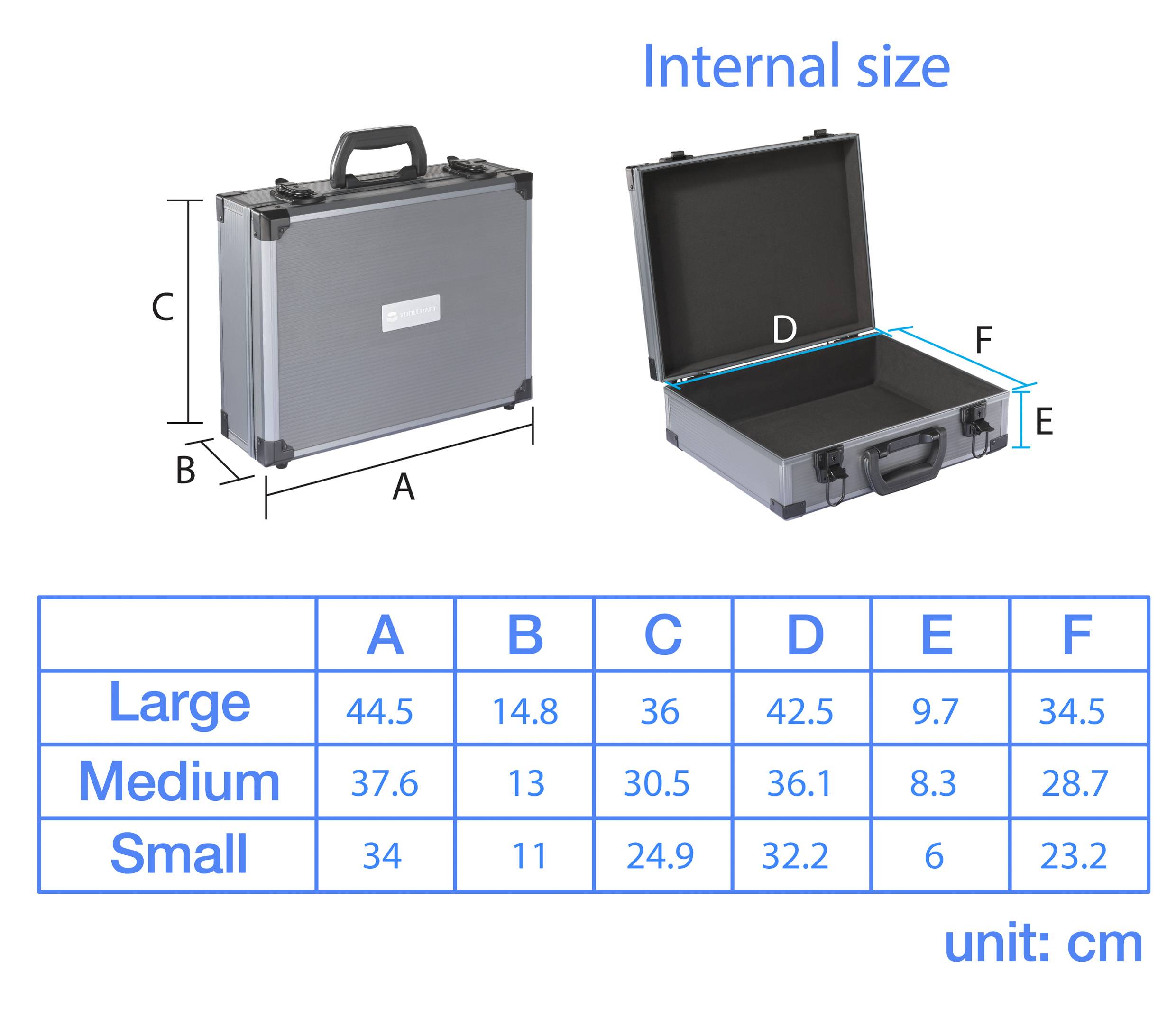 'Diagram of a suitcase with internal dimensions labeled A to F. Table shows measurements for large, medium, and small sizes in cm.'
