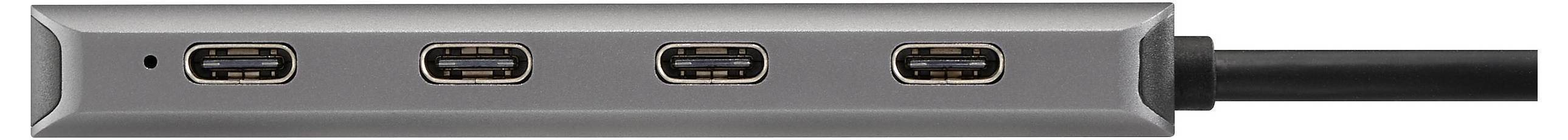 A gray USB-C hub with four ports and a connecting cable shown from the side.