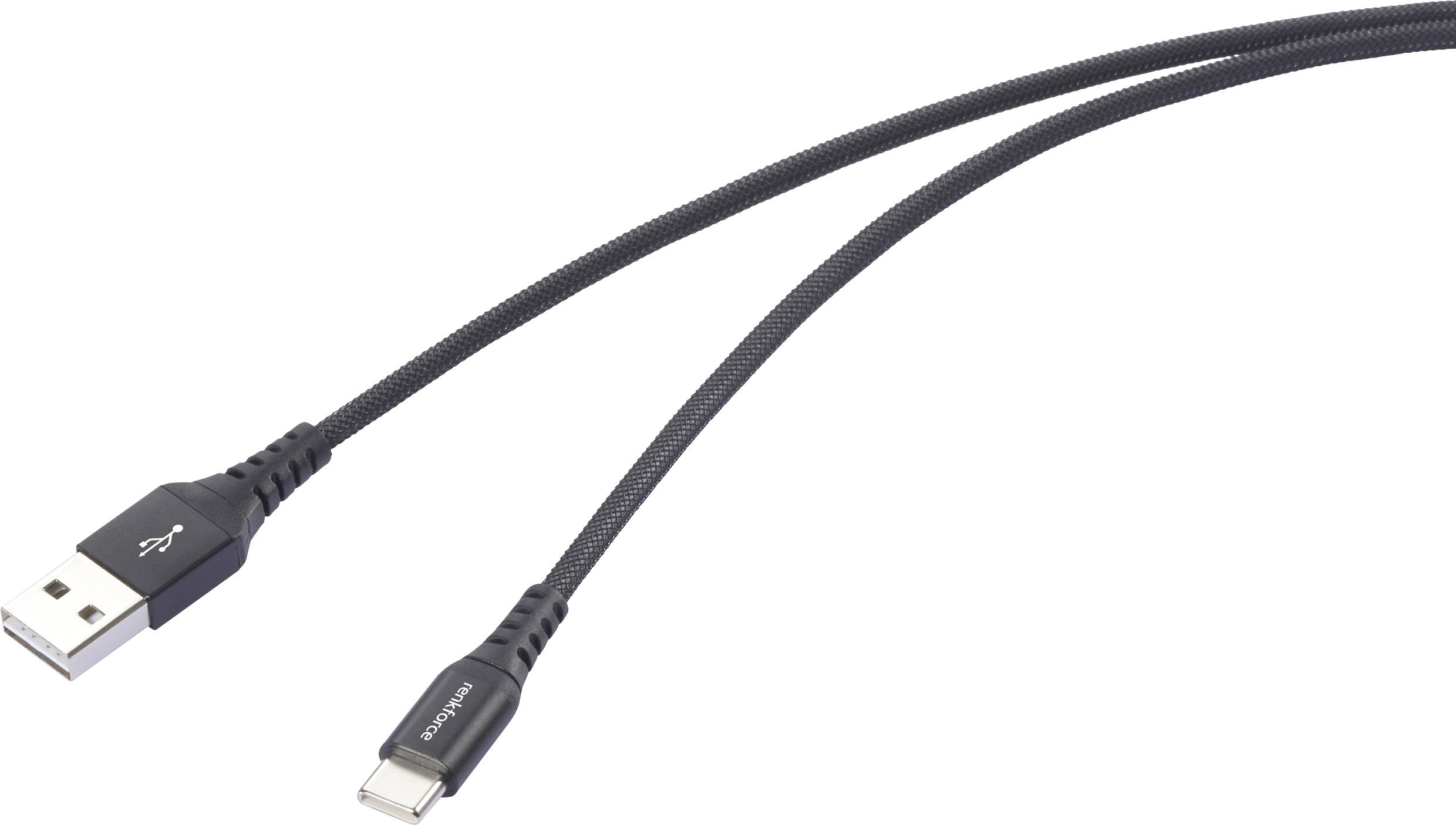'USB-A to USB-C cable, black, with a braided design for durability.'