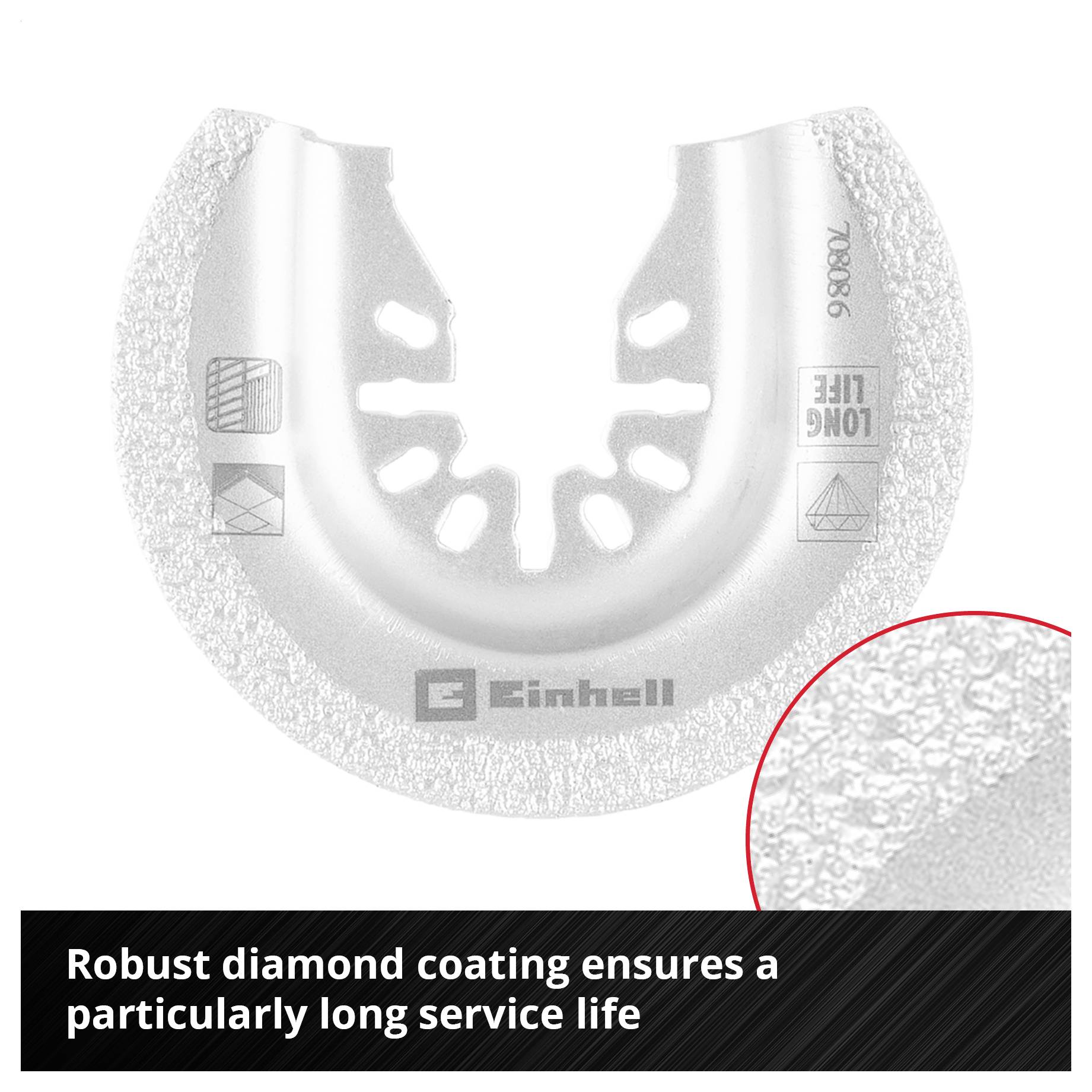 Metal saw blade with robust diamond coating. Text: 'Robust diamond coating ensures particularly long service life'.