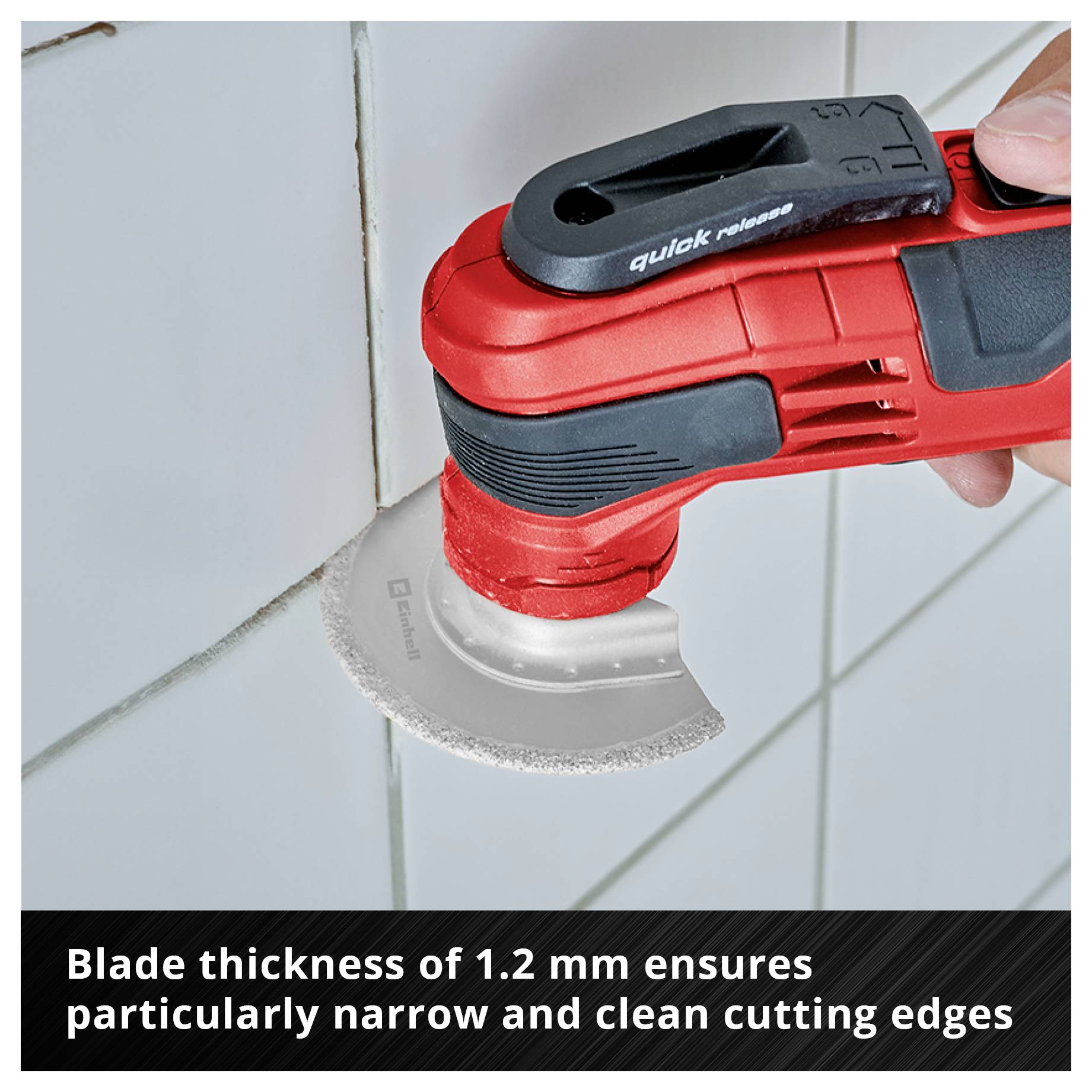 Electrical appliance cuts tiles with thin, circular saw blade. Text below: 'Blade thickness of 1.2 mm provides particularly narrow and clean cut edges'.