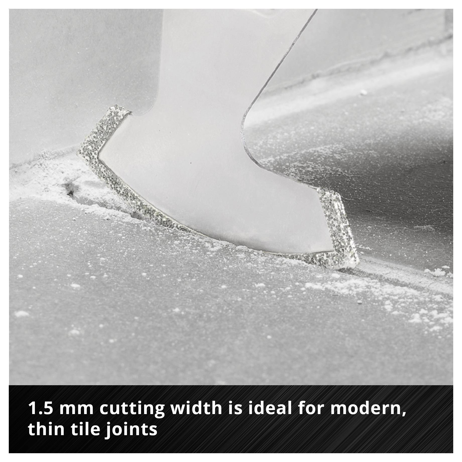 A knife with a 1.5 mm cutting width removes grout material between tiles. Text: '1.5 mm cutting width is ideal for modern, thin tile joints'.