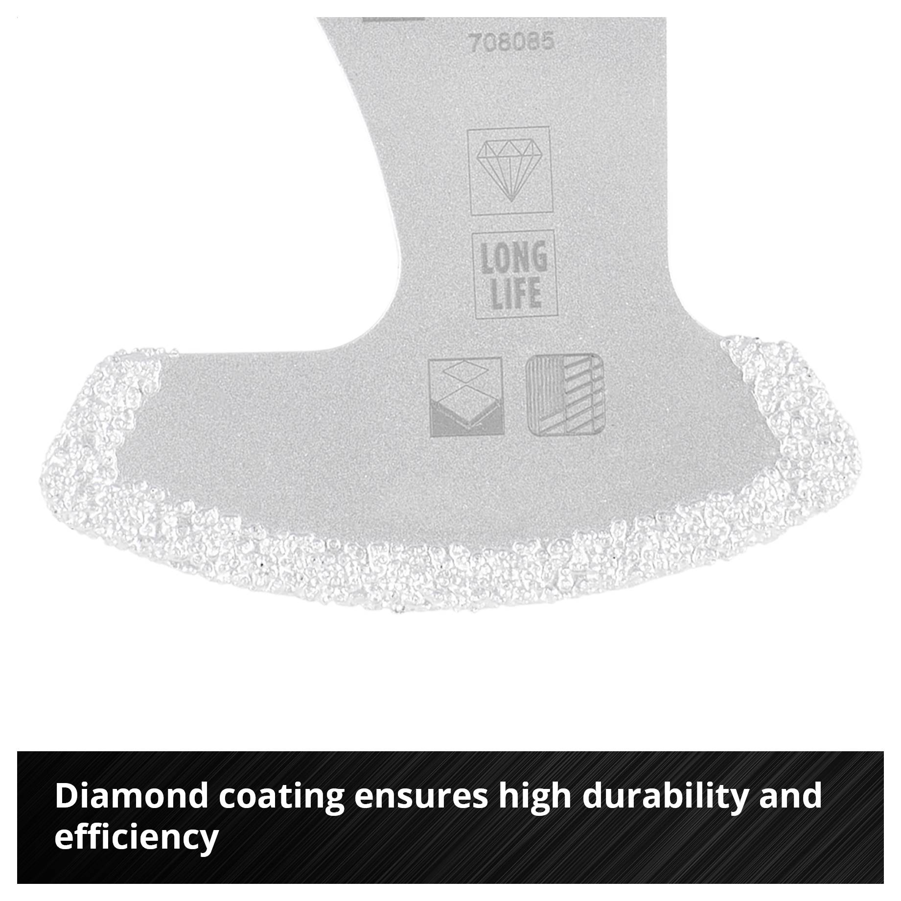 Diamond-set blade for high durability and efficiency in cutting work, including symbols for quality and longevity.