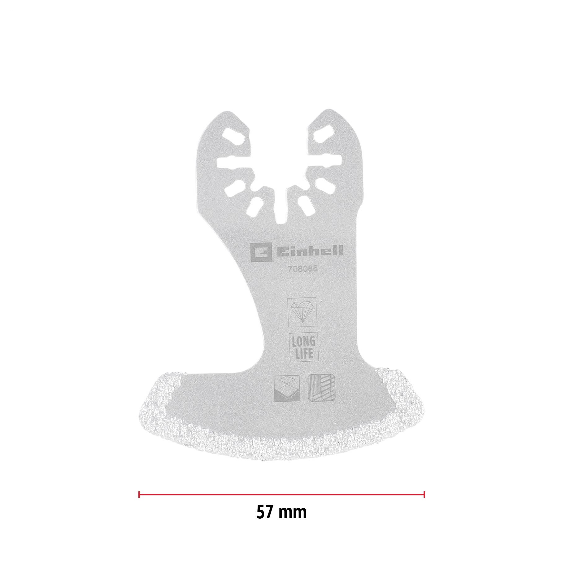 Multi-purpose saw blade with 57 mm width, suitable for wood, metal and plastic. Bears the inscription 'LONG LIFE'.