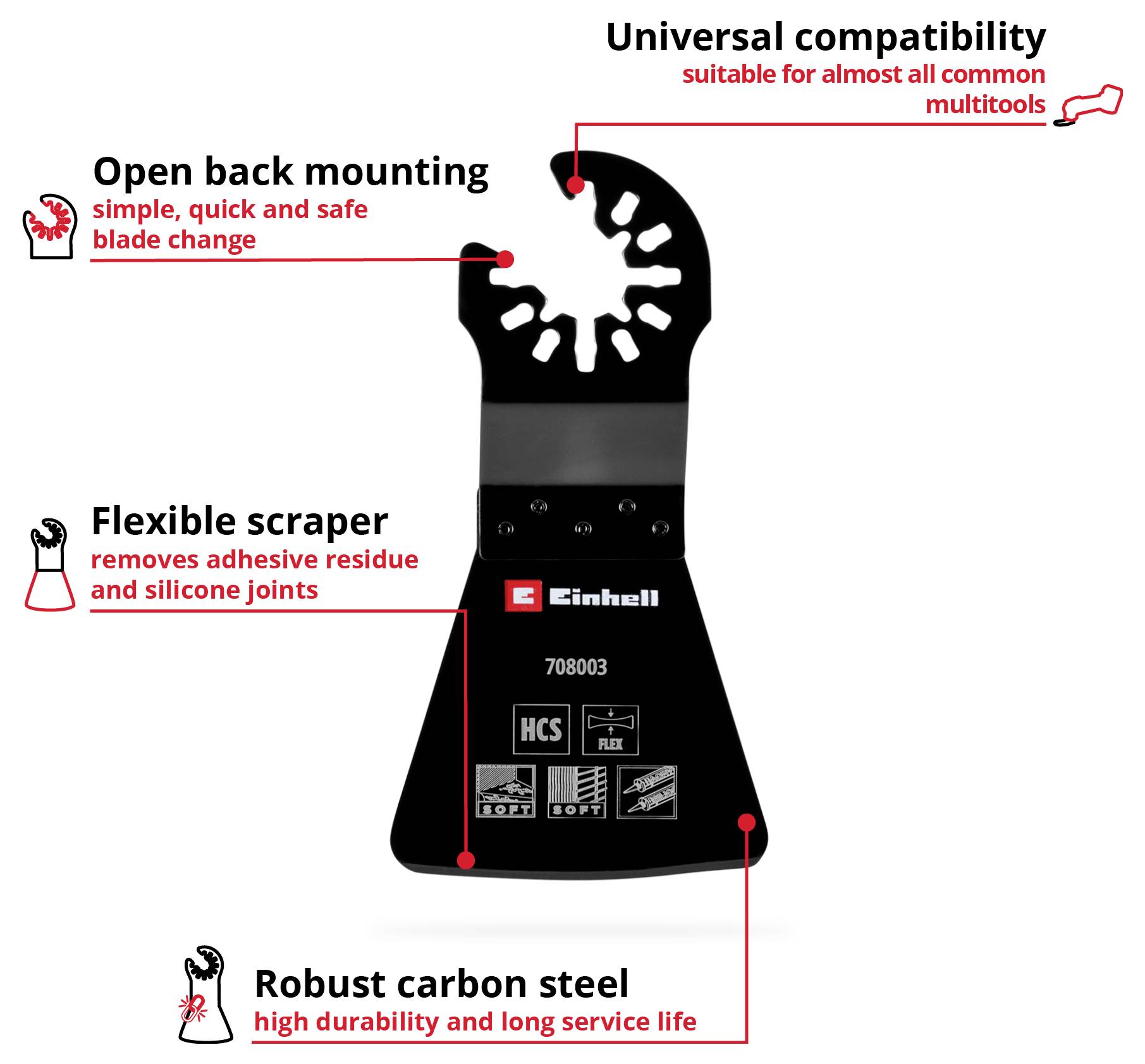 'Einhell' blade attachment for multi-tools, universally compatible, easy to change, removes adhesive residue, durable carbon steel.