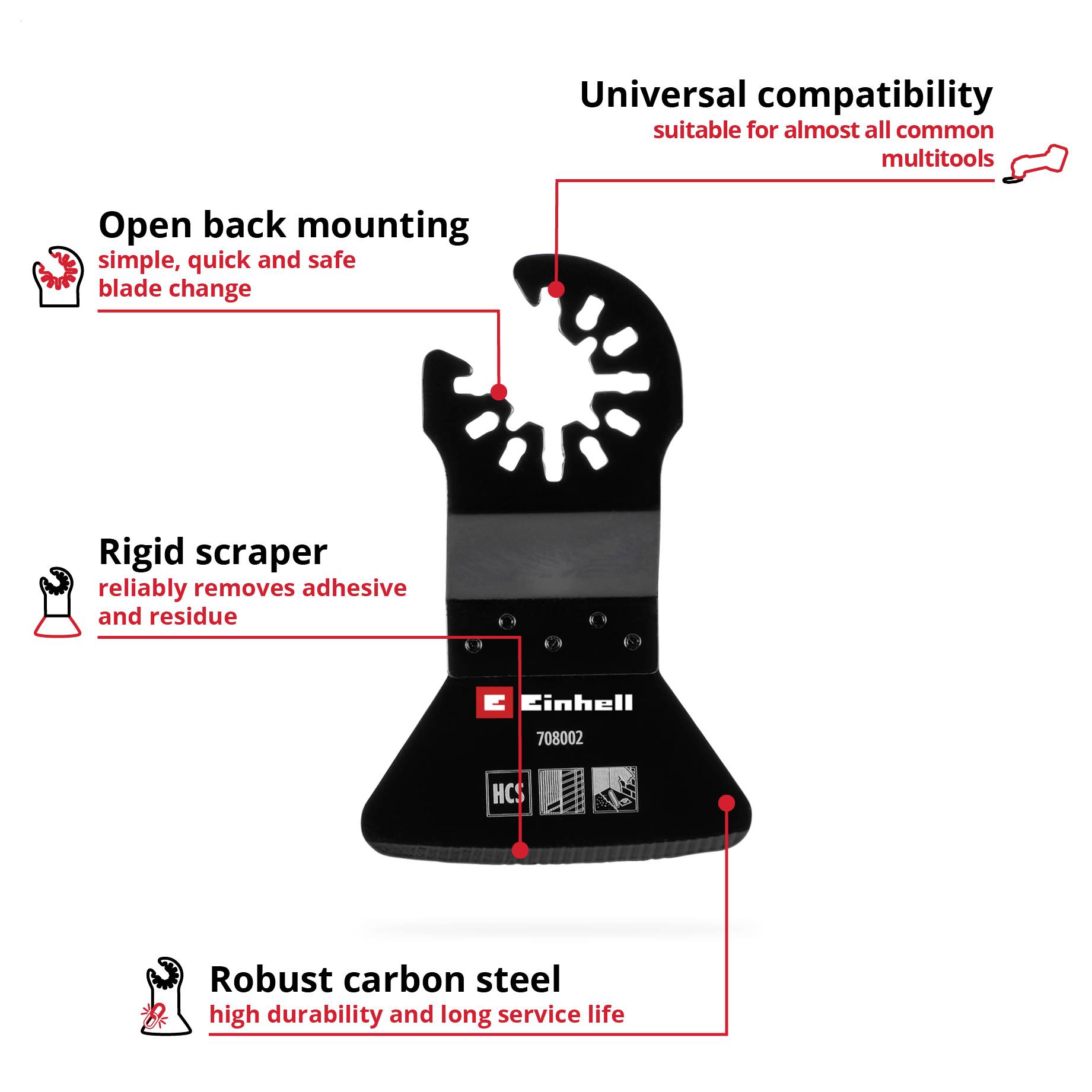 'Einhell Starlock HM Scraper' with the following features: universally compatible, open back attachment, rigid scraper, robust carbon steel.