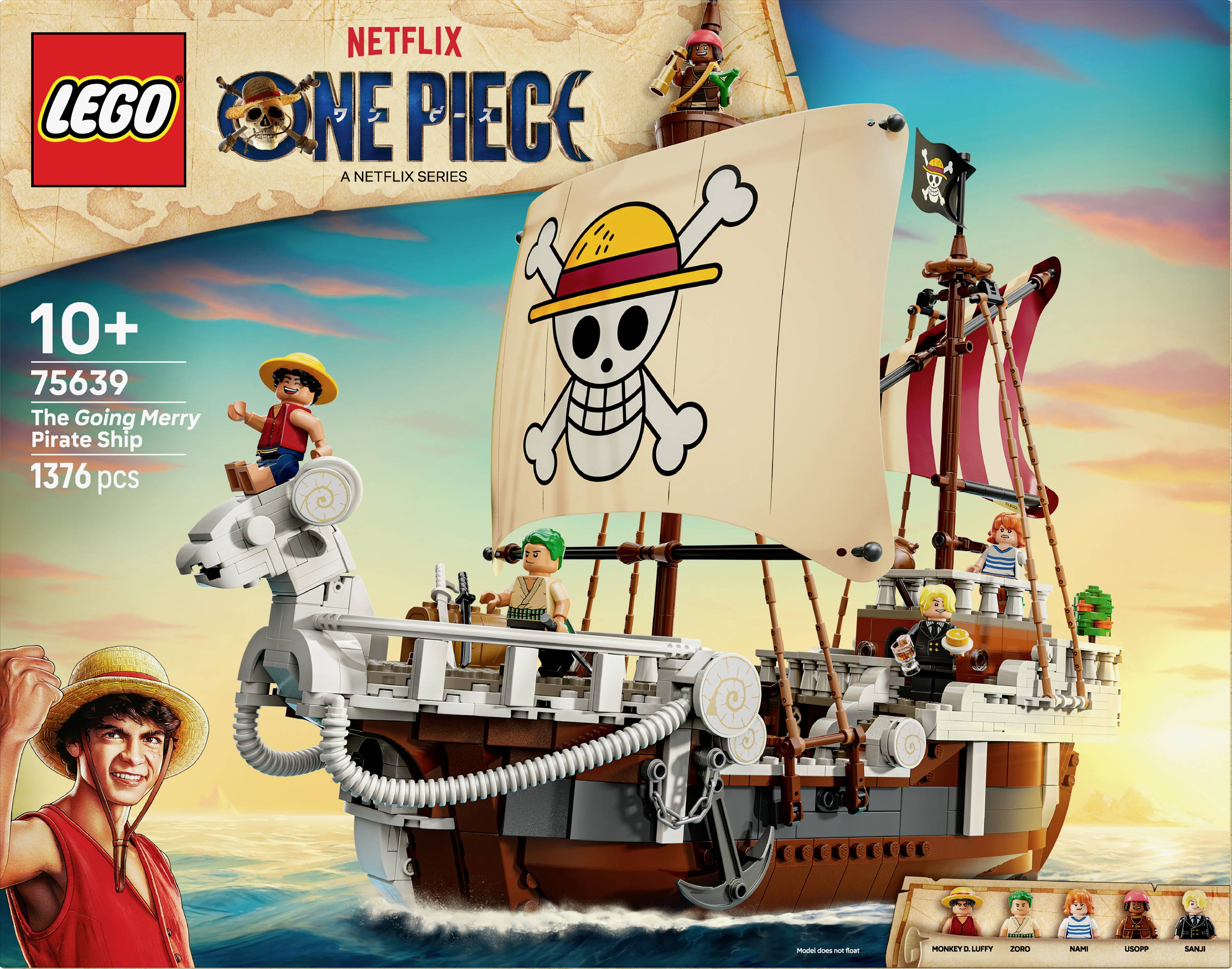 LEGO 'One Piece' set featuring the Going Merry Pirate Ship with characters, suitable for ages 10+, includes 1376 pieces.