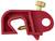 A red plastic pipe cutter with a metal blade and a golden adjustment screw for cutting small pipes or tubes.