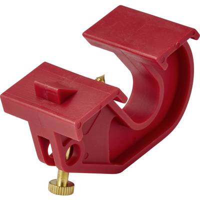 A red plastic duct clamp with adjustable brass screw, designed for securing cables or ducts.