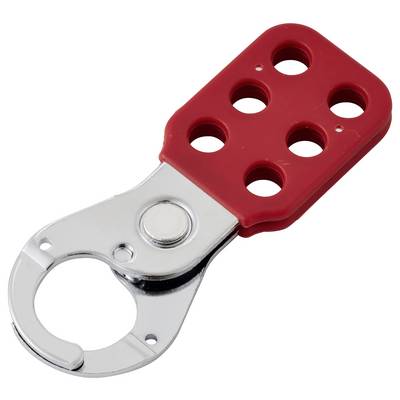 A red and silver lockout hasp with six holes, used for safety procedures to lock out equipment during maintenance or repair tasks.