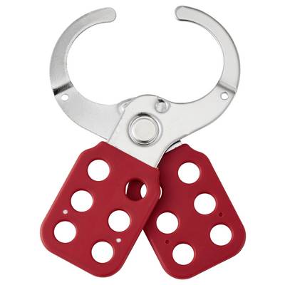 A red lockout hasp with metal clasp and multiple holes for locks.