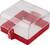 A clear plastic and red box, likely used for secure locking, with a hinge and visible hardware for attaching to surfaces.