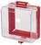 'A red and transparent locking box cover, designed for securing emergency switches or buttons, with a rectangular shape and a small slot.'