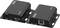 Two connected black devices labeled 'Transmitter' and 'Receiver', featuring ports for HDMI, audio, and network cables.