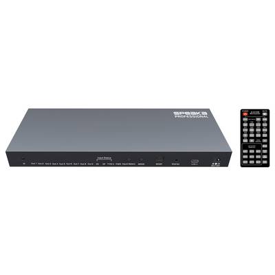 'Speaka Professional' device and remote control, used for digital broadcasting or presentations with multiple input/output ports visible.