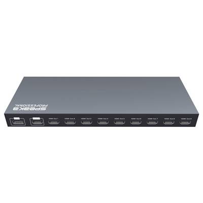 A black HDMI switch with multiple ports labeled 'HDMI OUT 1' to 'HDMI OUT 8', and two 'HDMI IN' ports on the left side.
