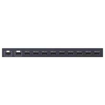 A HDMI switch rear panel featuring eight HDMI outputs labeled from 'HDMI OUT 1' to 'HDMI OUT 8' and two HDMI inputs labeled 'HDMI IN 1' and 'HDMI IN 2'.