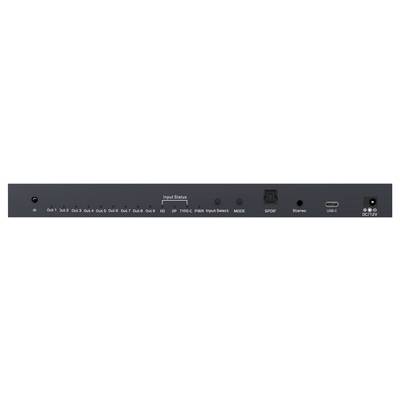 A black input selector panel with labeled ports from 'HDMI 1' to 'HDMI 8', 'ID', 'YPbPr', 'Audio Breakout', 'RS232', 'IR', 'XTP OUT', 'XTP IN', and power button.
