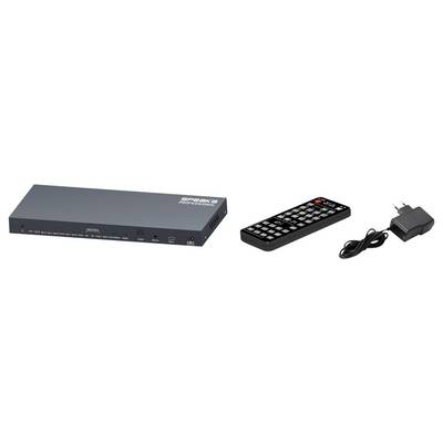 A sleek, black digital device with multiple ports, accompanied by a remote control and power adapter. Suitable for electronic setups.