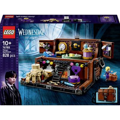 'Lego set 76785, Wednesday-themed, featuring a detailed room with a record player, furniture, and accessories, 828 pieces.'
