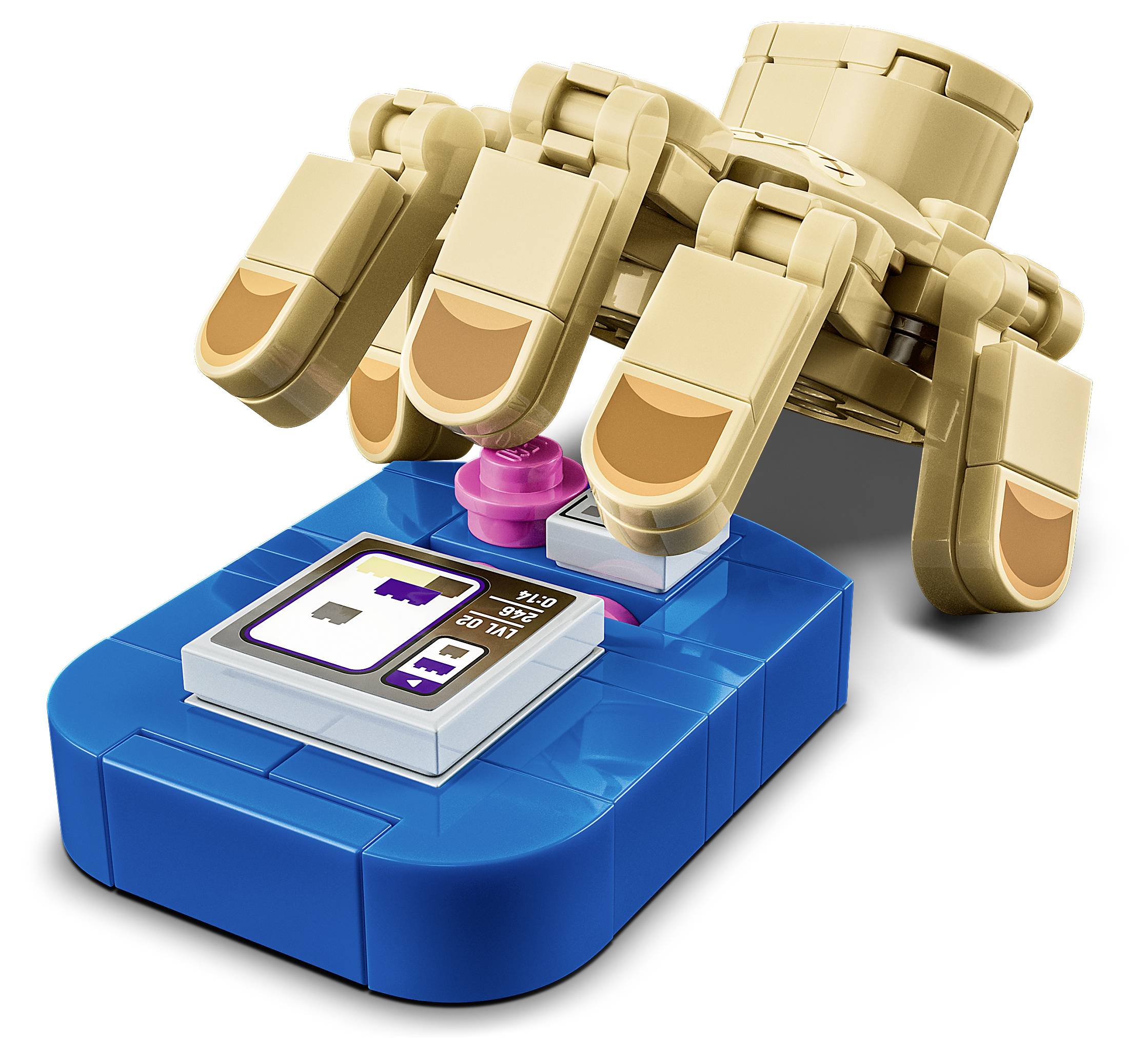 A robot claw holding a small device with a blue base and a pink component.