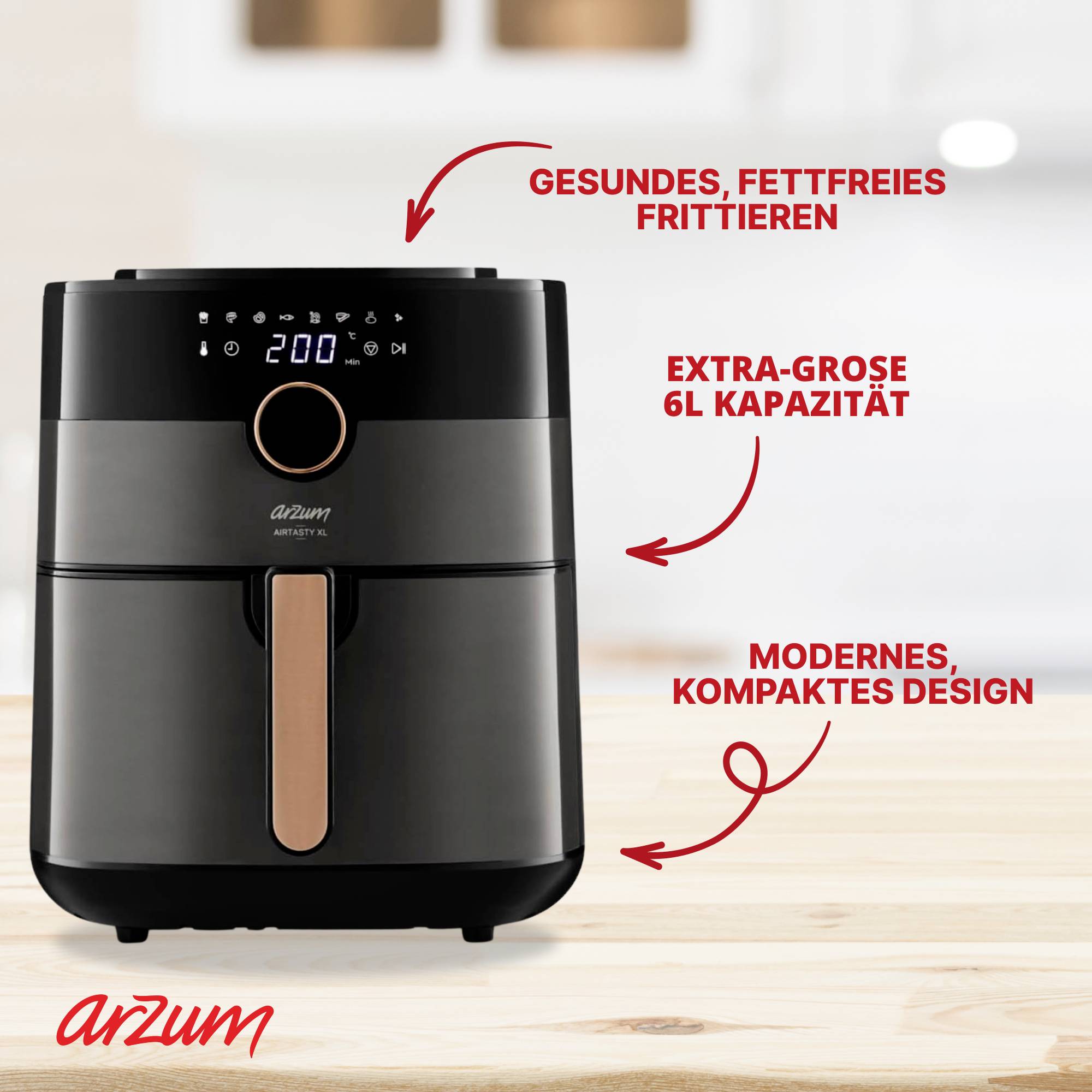 arzum AIRTASTY XL Air fryer 6 l with display, Timer function Black, Bronze-7