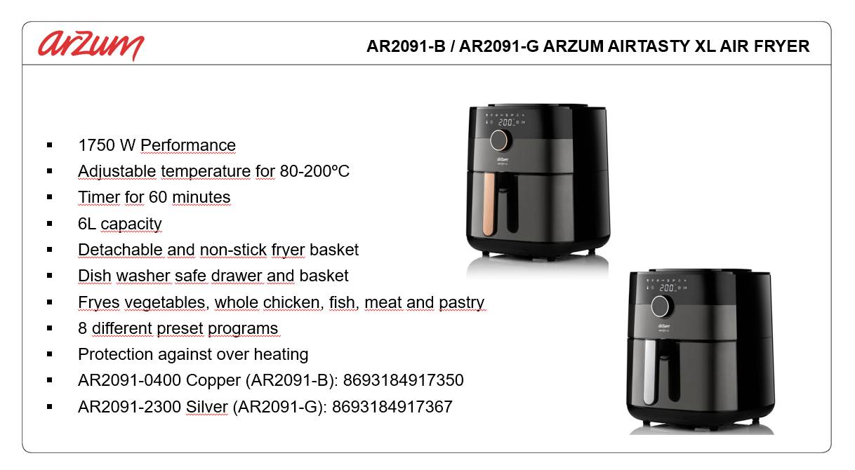 arzum AIRTASTY XL Air fryer 6 l with display, Timer function Black, Bronze-12