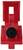 Red plastic tool with a rotating black wheel and a rectangular frame on top, possibly used for adjusting or securing components.