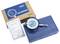A blue dial indicator tool with a blue case, warranty letter, and product packaging displaying 'Dial Indicator' branding.