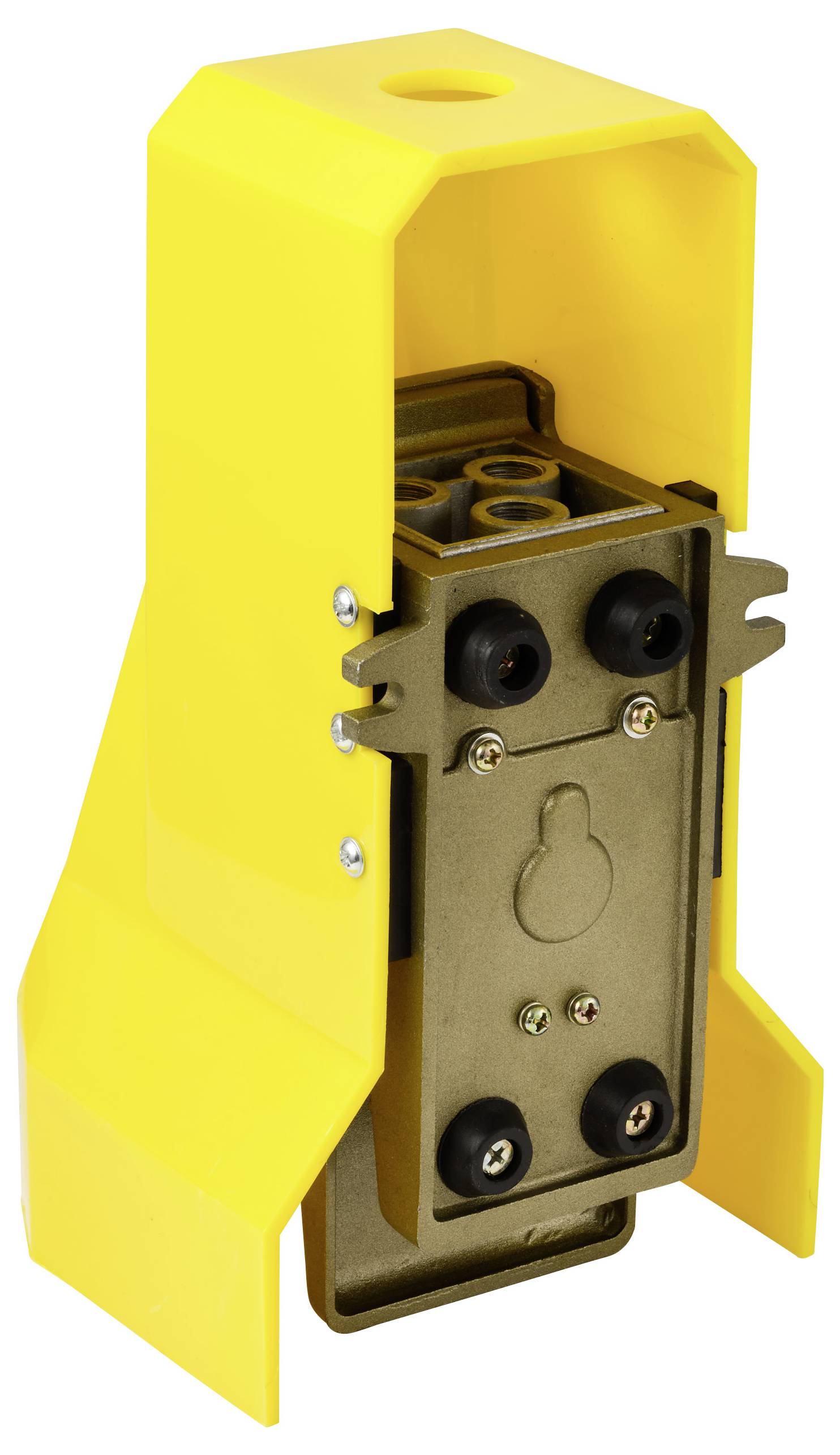 A yellow casing with bolts and a metal interior, likely a protective cover for electronic or mechanical components, viewed from the side.