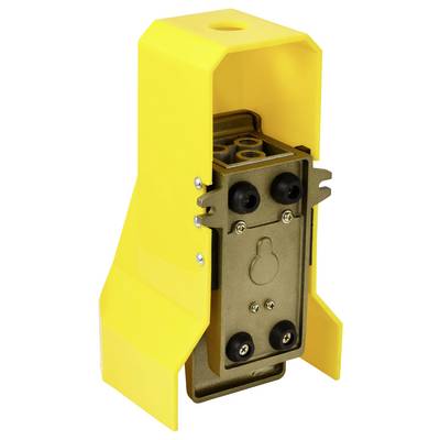A yellow casing with bolts and a metal interior, likely a protective cover for electronic or mechanical components, viewed from the side.