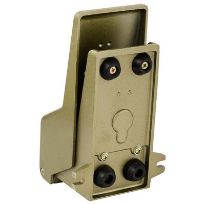 Gold-colored metal door lock with four black rubber studs and two screws, designed for secure installation on doors.