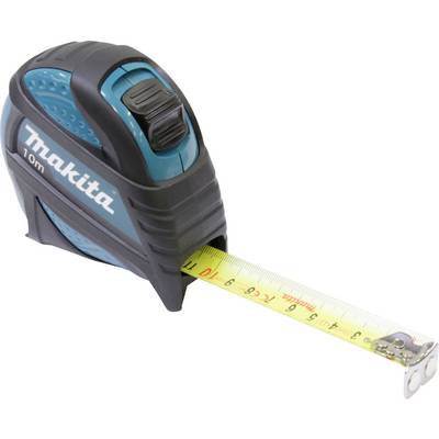 A blue and black 10-meter Makita tape measure with the metal tape partly extended, showing yellow and white measurement markings.