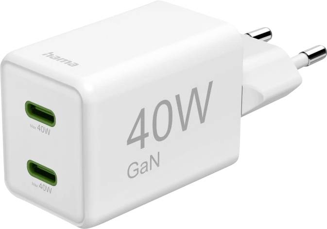 Hama Schnellladegeraet, GaN, 2x USB-C, Super-Mini-Ladegeraet, PD, 40 W, Weiß USB charger 40 W White
