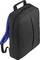 Black backpack with blue padded shoulder straps shown on a white background.