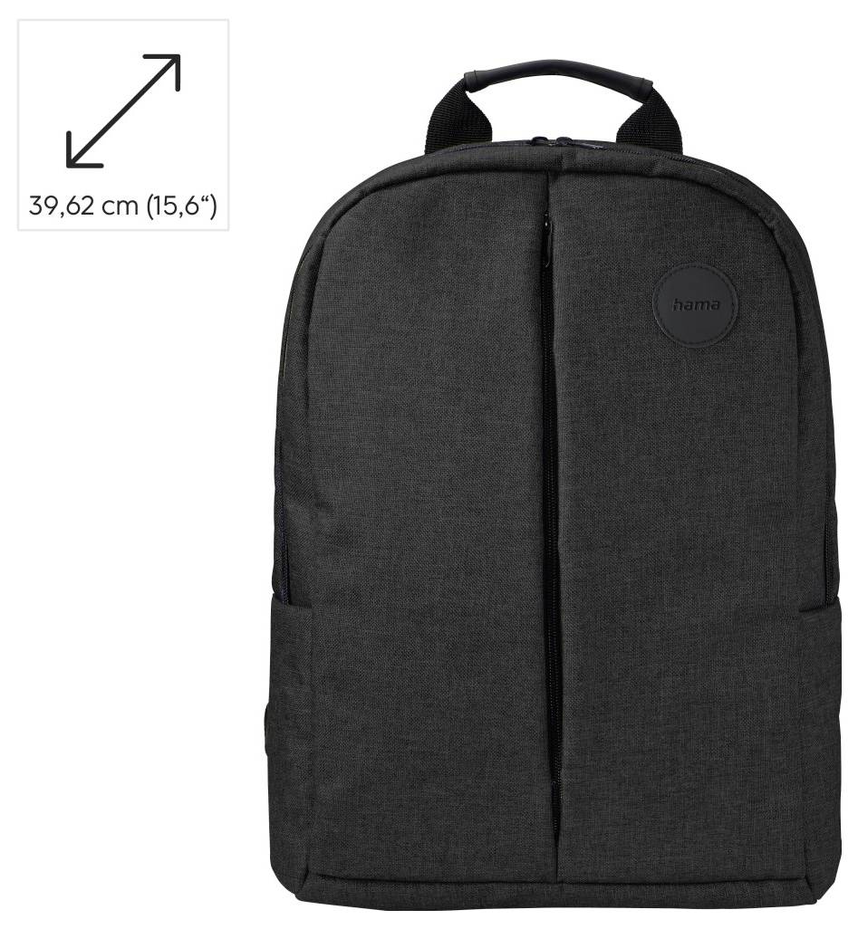 Black backpack with top handle and front zipper, labeled for 39.62 cm (15.6-inch) laptops.