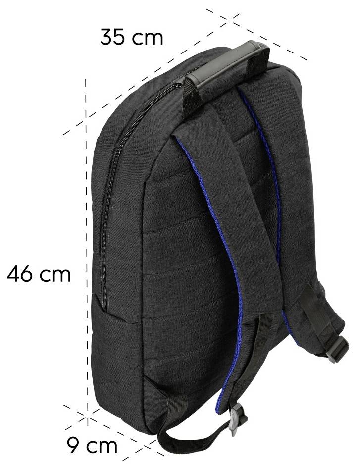 Backpack shown in profile with dimension labels: 46 cm tall, 35 cm wide, and 9 cm deep.<br>