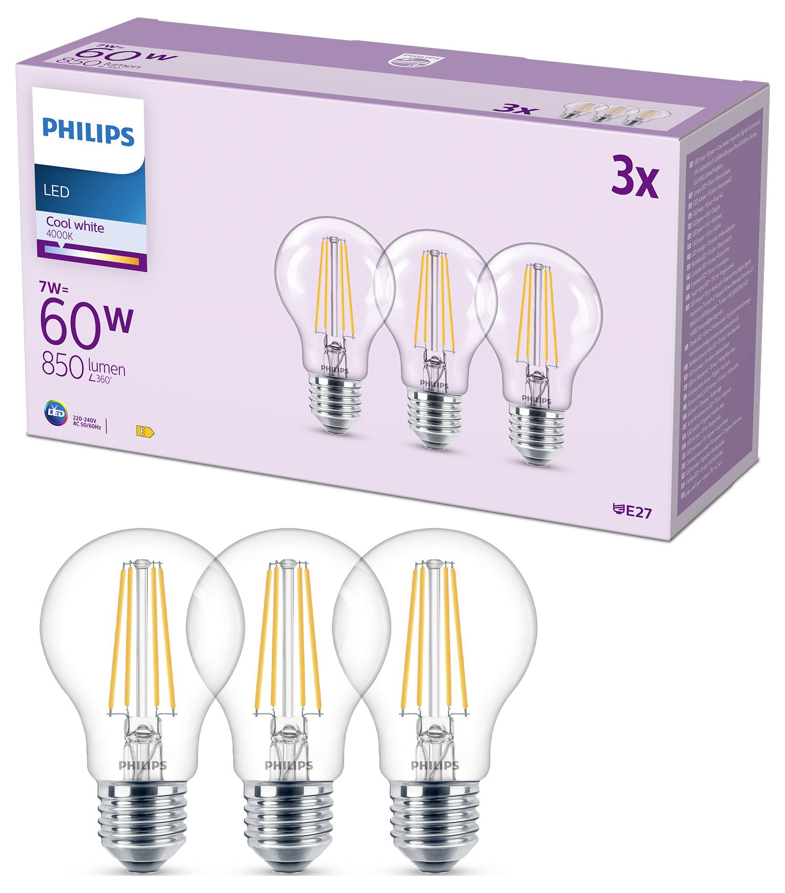 Philips 8719514450936 LED (monochrome) EEC E (A - G) E-27 Pear shape 7 W = 60 W Natural white 3 pc(s)-1