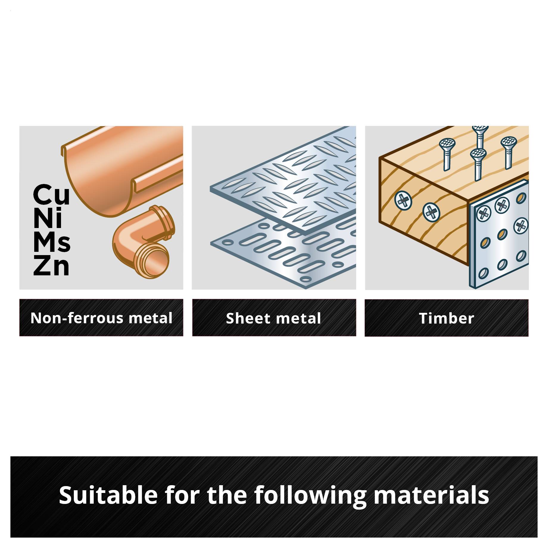'Suitable for the following materials' shows symbols for non-ferrous metal, sheet metal and structural timber.